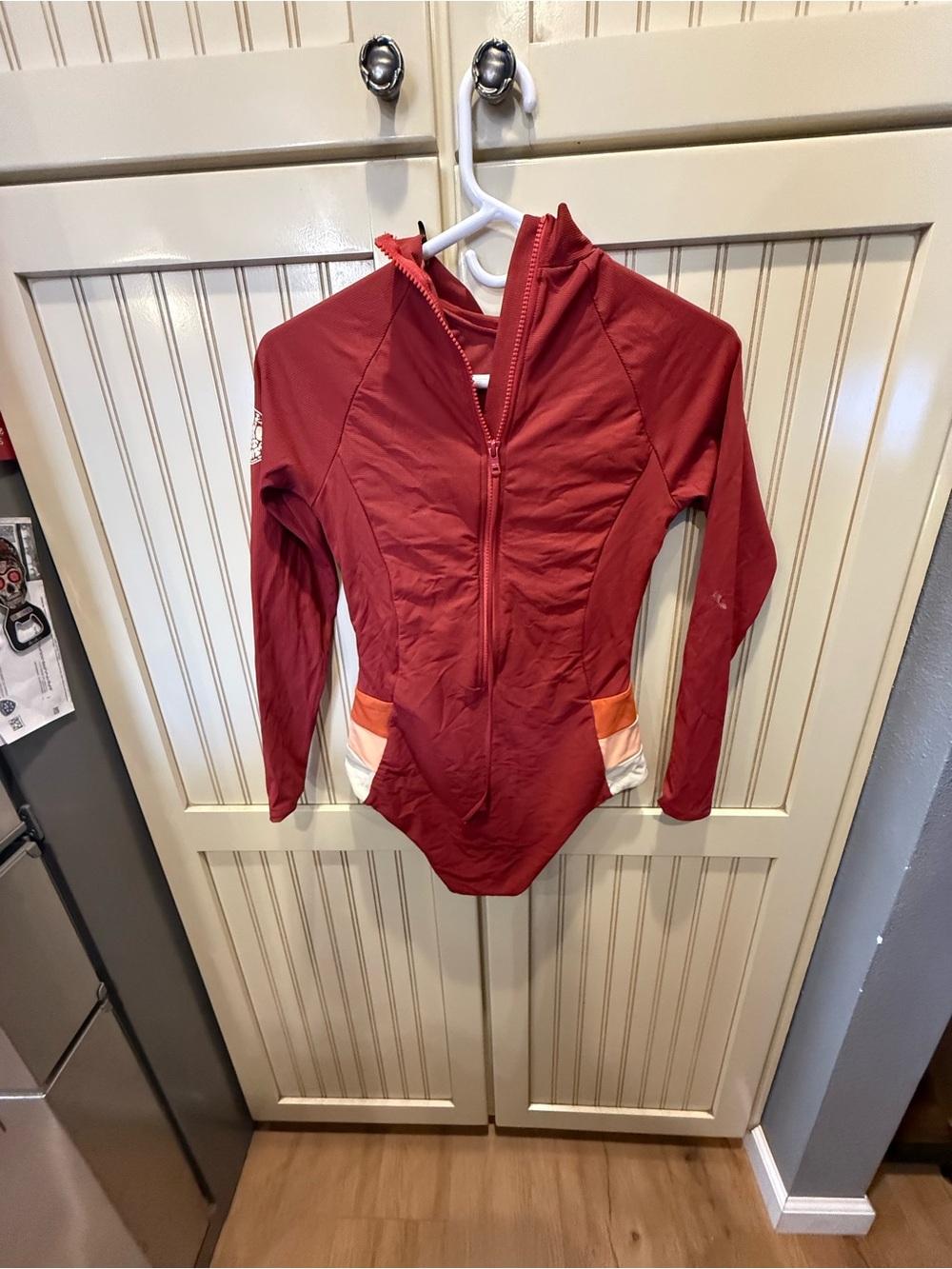 Rip Curl Red Long-Sleeve Zip One-Piece Swimsuit with Orange & White Accents